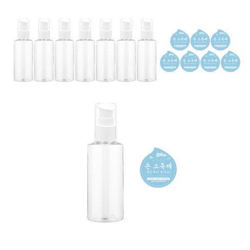 투명 펌프형 소독제용기 100ml AC100 + 에센스캡 흰색 + 워터 병라벨 스티커 S, 혼합색상, 8세트