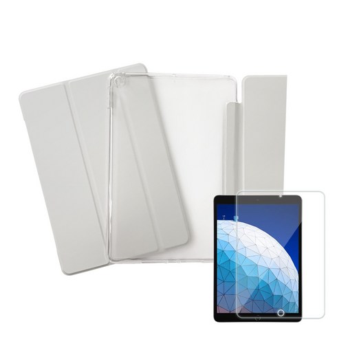 라이노 소프트 엣지 태블릿PC용 스마트 커버 케이스 + 강화유리 액정보호필름 세트, 라이트 그레이