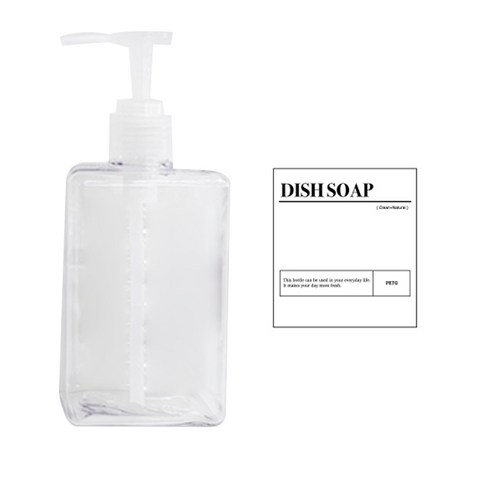 뉴앤룩 사각 디스펜서 주방 세제 리필 용기 일반형 슬림 투명 280ml + 주방 세세 스티커 세트, 1세트