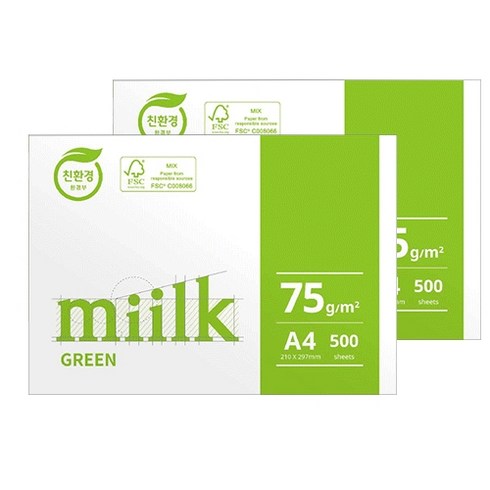 한국제지 Miilk GREEM 복사용지 75g, 1000개, A4