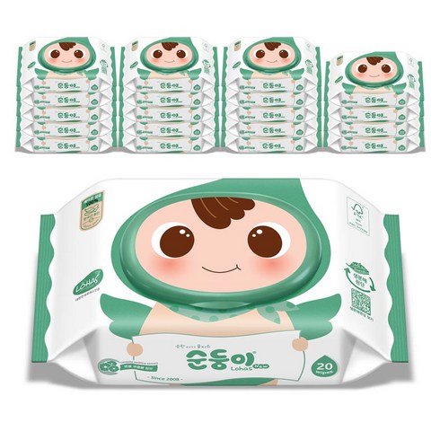 순둥이물티슈휴대용 - 순둥이 로하스 물티슈 휴대캡형 75평량, 20팩, 20매