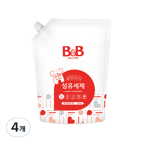 헬로그린세탁세제 - 비앤비 섬유 유아세제 베이비파우더향, 1.5L, 4개