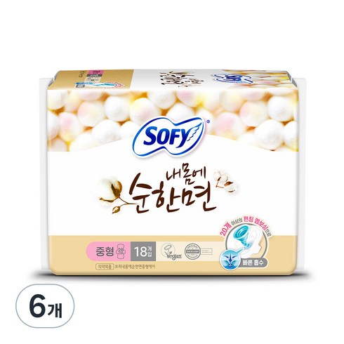소피부하이 - 쏘피 내몸에 순한면 생리대 날개형, 중형, 18개입, 6개