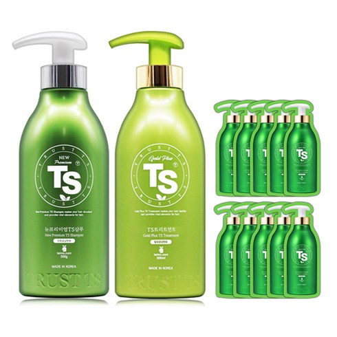 TS 뉴 프리미엄 샴푸 500g + TS 트리트먼트 500ml + TS 샘플 파우치 10p 세트, 1세트