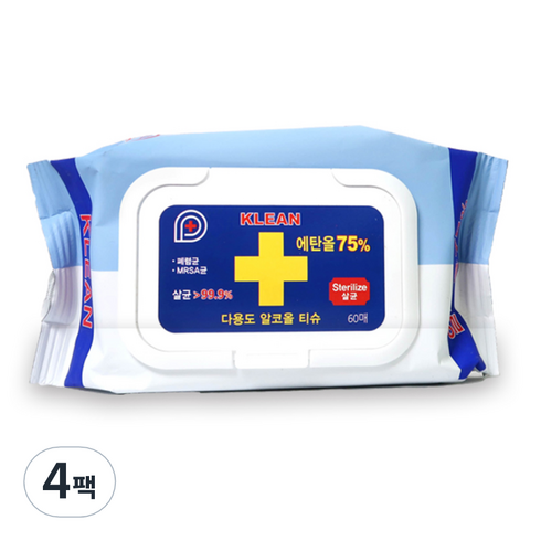 클린 19 알콜 소독 티슈 캡형 대용량, 60매, 4개