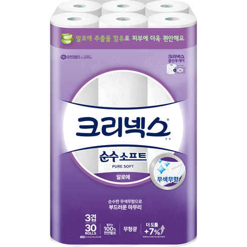 2023년 가성비 최고 유한킴벌리 크리넥스 Upgrade 순수소프트 27M X 24롤 X 3팩 - 크리넥스 천연펄프 3겹 순수소프트 알로에 27m 롤화장지, 30롤, 1팩