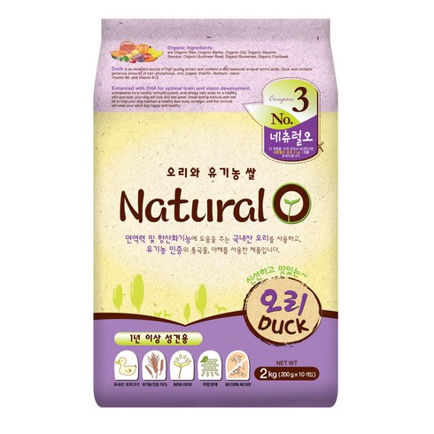네츄럴오 성견용 오리와 쌀 건식사료, 오리, 2kg, 1개