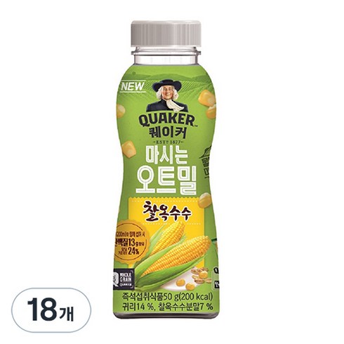 퀘이커 마시는 오트밀 찰옥수수, 50g, 18개