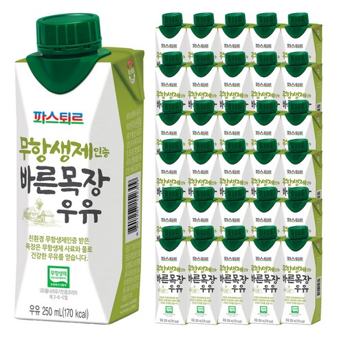 파스퇴르 무항생제 인증 바른목장 우유, 250ml, 36개