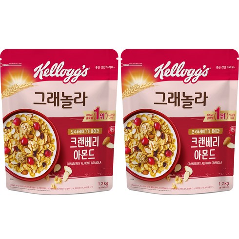 그래놀라시리얼 - 켈로그 크랜베리 아몬드 그래놀라 시리얼, 1.2kg, 2개