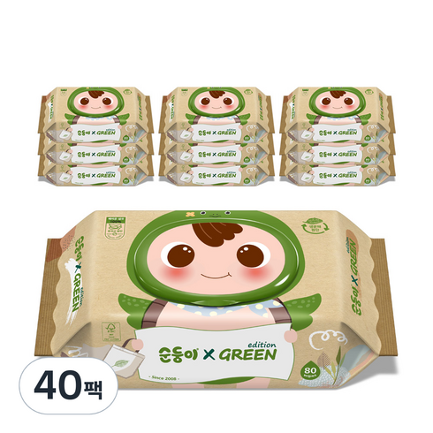 순둥이그린에디션 - 순둥이 그린 에디션 유아물티슈 캡형 55평량, 80매, 40팩