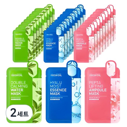 메디힐 더블 카밍 워터 마스크 + 히알루 모이스트 에센스 마스크 + 펩타 리프팅 앰플 마스크, 30개입, 2개