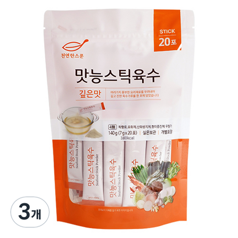 요릿 일품육수 20스틱X8박스 - 천연한스푼 석하 깊은맛 맛능 스틱 육수 20p, 140g, 3개