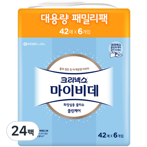 크리넥스 마이비데 클린케어 화장실용 물티슈, 42매, 24팩