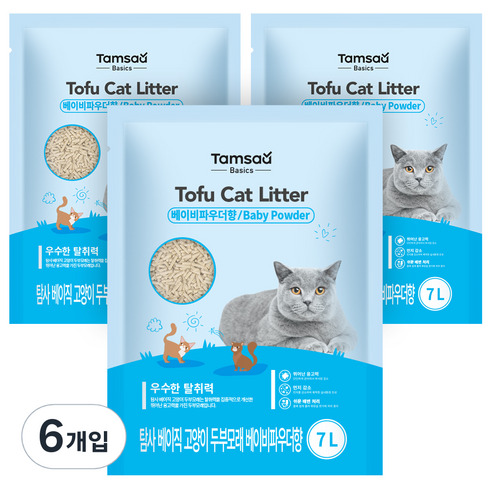 탐사 베이직 프리미엄 고양이 두부모래 베이비파우더향 7L (약 2.8 kg), 6개