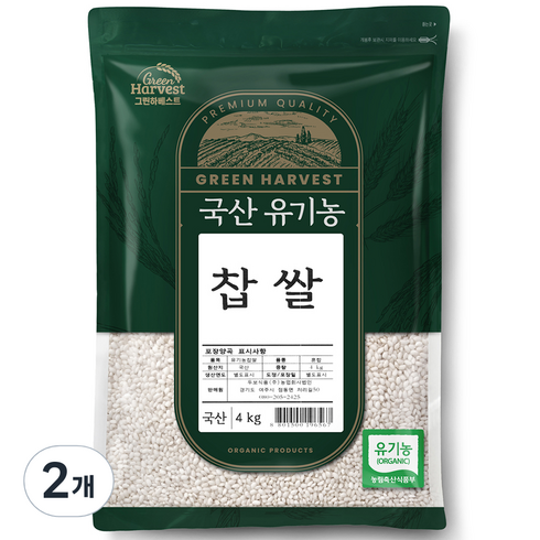 그린하베스트 유기농 찹쌀, 4kg, 2개