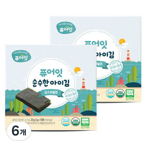 퓨어잇김 - 퓨어잇 순수한 아이김, 김&천일염, 20g, 6개