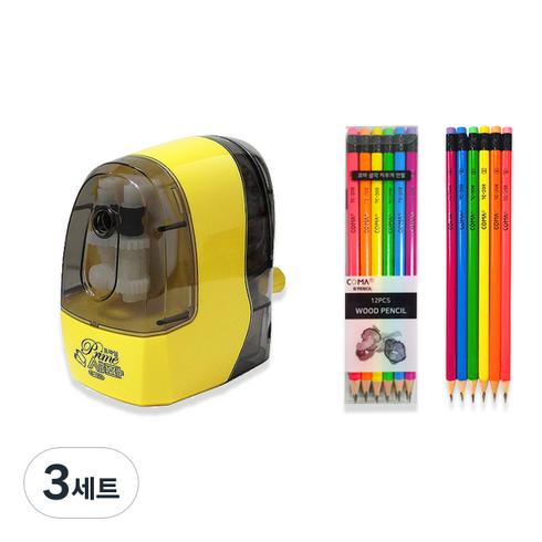 티티 프라임 샤파 연필깎이 KI-1200 + 투코비 코마 삼각 지우개 연필 TC-208 6종 x 2p 세트, 옐로우(연필깎이), 3세트
