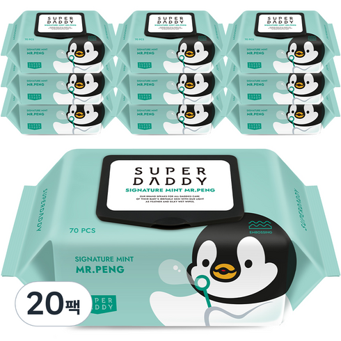 2023년 가성비 최고 슈퍼대디물티슈 - 슈퍼대디 시그니처 미스터펭 민트 유아 물티슈 캡형, 70매, 20개