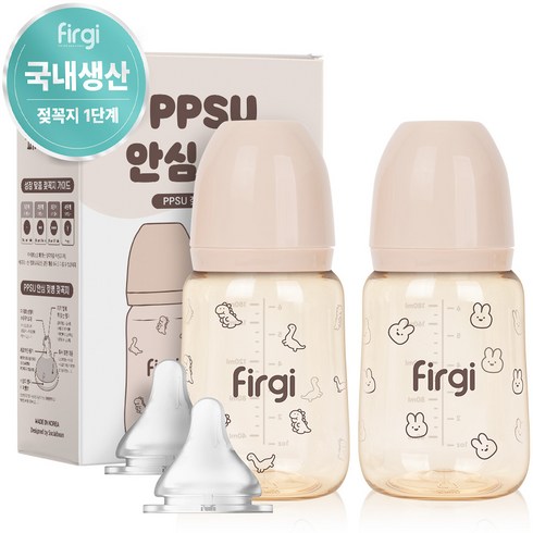 퍼기 PPSU 토끼 공룡 안심 젖병 트윈팩 1단계 2종 세트, 200ml, 토끼, 공룡, 1세트