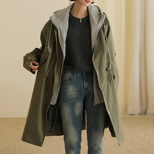 2023년 가성비 최고 카키야상코디 - 빼빼 여성용 데일리 후드넥 레이어드 야상자켓