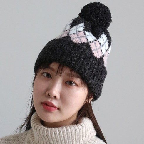 바비수 에이트 아가일 니트 방울 비니