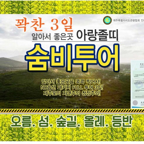 패키지여행 - [제주] 제주여행 2박3일 숨비투어 패키지. 아침 출발 꽉찬3일. 전일정 노옵션. 우수여행인증상품.