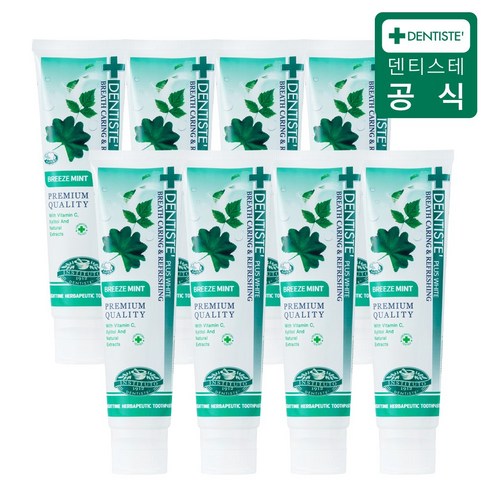 덴티스테 플러스화이트 브리즈민트 무불소 무색소 구취제거 치약, 160g 8개