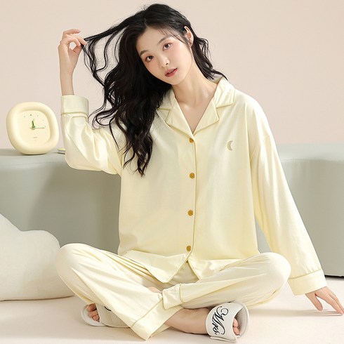 ANYOU 여성 브이넥 순면 잠옷 루즈핏 파자마 사계절 홈웨어