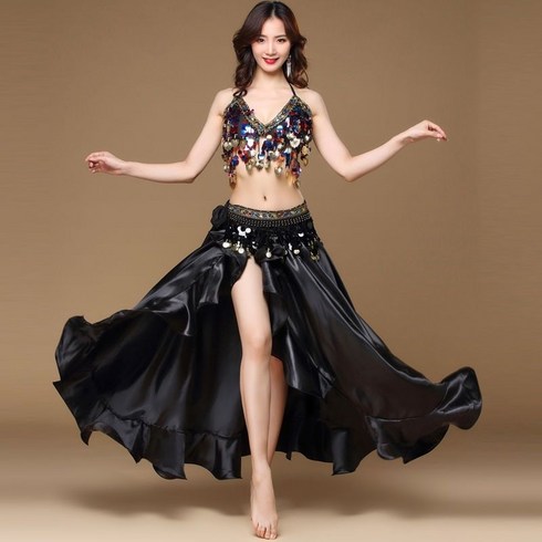 FANSYLI 여성 벨리댄스 의상 세트 연습복 공연복 인도 댄스 섹시 댄스 브라 수술 스커트 세트 W7J06, 블랙