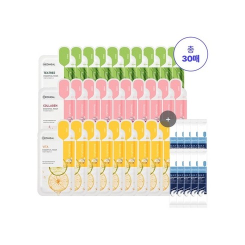 MEDIHEAL 메디힐 BEST 에센셜 마스크 30매 SET (티트리 10매+콜라겐 10매+비타 10매)+슬리핑 팩 10포, FREE