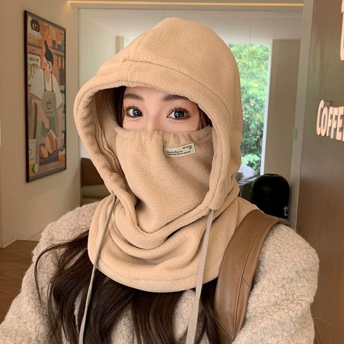 ANYOU 겨울 남녀공용 두꺼운 플리스 바라클라바 패션 보들한 방한 넥워머 후드모자, 블랙