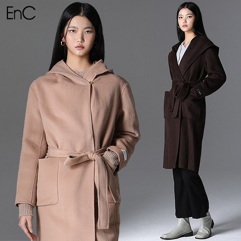 이엔씨 EnC 후드 핸드메이드 롱 울코트 (택가격 519000원)