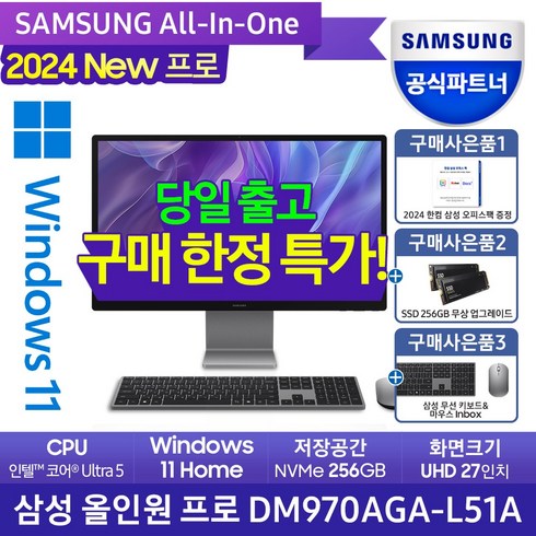 dm970aga-l51a - [SSD무상UP+한컴증정]삼성전자 삼성 올인원프로 DM970AGA-L51A 일체형PC 올인원PC 신제품 고성능 일체형컴퓨터 AI PC, 인텔ULTRA5/RAM16GB/NVMe256GB, 선택없음, 선택없음, 16GB