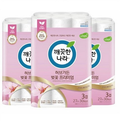 [깨끗한나라] 허브가든 벚꽃 프리미엄 화장지 (30롤3팩), 30롤3팩, 3개, 30개