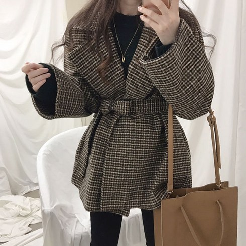 뉴욕멋쟁이 오디드 오픈 체크자켓 벨트세트 여성 겨울자켓 코트