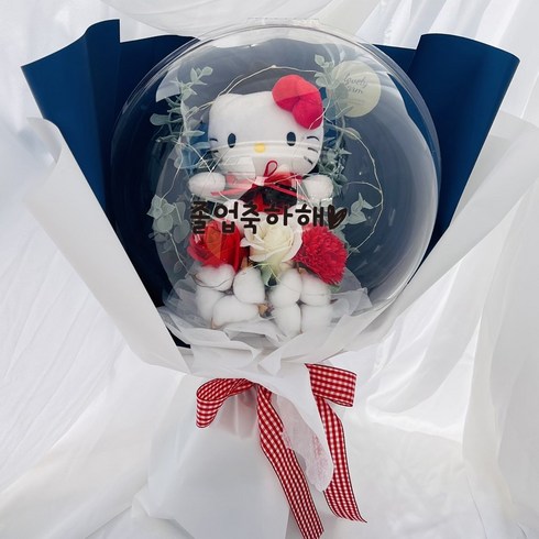 러블리팜 학사모 산리오 인형 벌룬 LED 조명 비누 꽃다발, 헬로키티