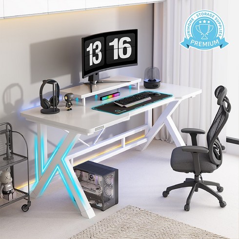 Unihome K자형 고급 컴퓨터 게이밍 책상 멀티 데스크 테이블, 프리미엄 화이트 업그레이드형