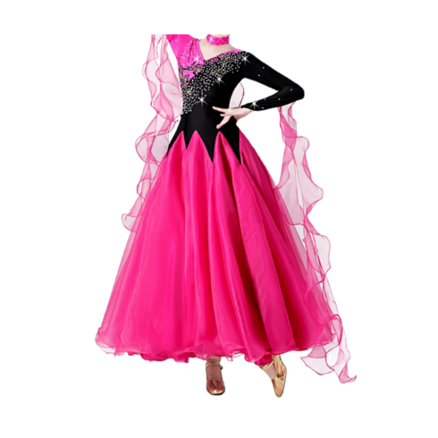 Ogfaour여성 모던 드레스 스포츠 댄스복 왈츠 탱고 스윙 라틴 라인 볼륨, 블랙 + 로즈 레드