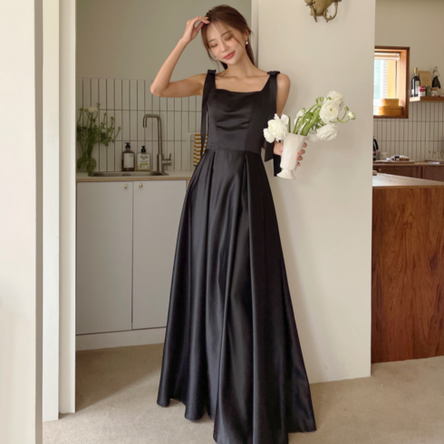 셀프웨딩드레스 - 양리본 블랙 셀프웨딩 원피스 2color 화이트 민소매 브라이덜샤워 스냅촬영 새틴 2부 드레스