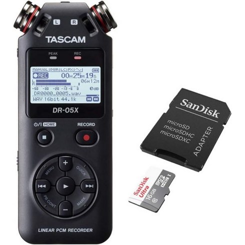 Tascam DR-05X 2입력/2트랙 휴대용 오디오 레코더 온보드 스테레오 마이크 및 16GB microSDHC 메모리 카드 SD 어댑터 번들 포함
