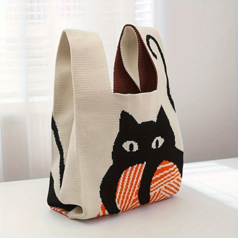 [까투리네] 여성 팬더 고양이 미니 손가방 핸드폰 니트 에코백 복조리 손목 가방