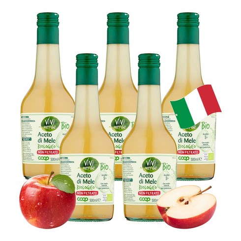 COOP 비비베르데 이탈리아 유기농 애플사이다비니거 언필터 천연발효 사과식초 500ml 무첨가물 Non GMO, 5개