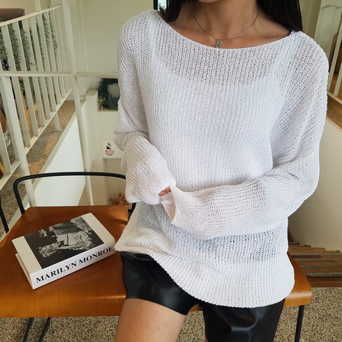 상상그이상 여성용 국내제작 시스루 입술넥 긴팔니트 여리여리 끝판왕 루즈핏 롱기장 그물니트 간절기 날씬해보이는 보트넥 골지니트