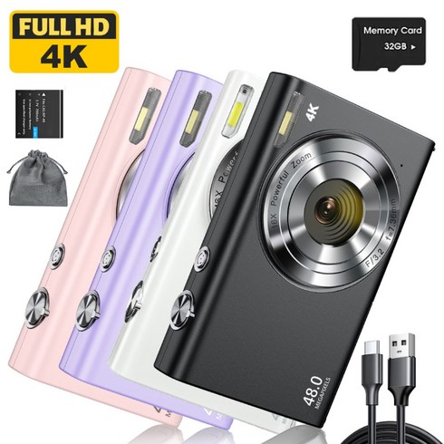 컴팩트카메라 - 4K 디지털 카메라 4800W 자동 초점 UHD 동영상 블로그 카메라(32GB 메모리 카드 포함) 16배 디지털 줌 손떨림 방지 휴대용 YouTube 컴팩트 컴팩트 카메라, 검은색