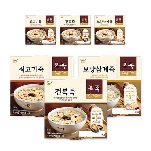 [본죽] 냉장죽 베스트 세트B(쇠고기죽 2컵+전복죽 2컵+보양삼계죽 2컵), 270g, 6팩