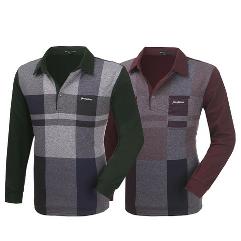 2023년 가성비 최고 브랜드아울렛 - 제로다몰 쟌피엘 남성용 골프웨어 중년 골프복 체크무늬 카라티 신축성 가을 겨울 편안한 필드룩 단추카라티 데일리 체크겨울 카라 긴팔 티셔츠