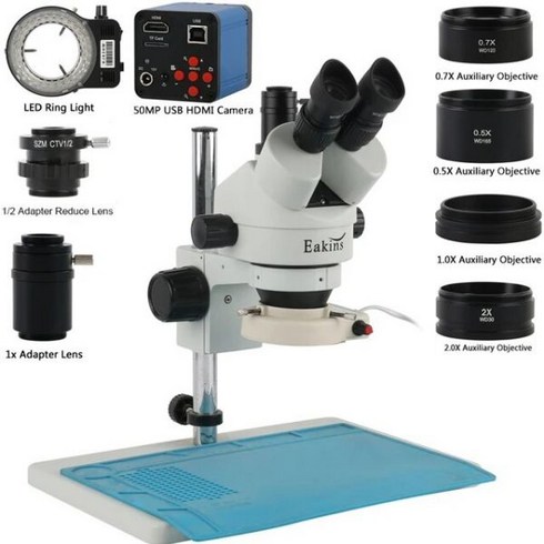 산업용 실험실 수술 PCB 납땜 주얼리 모형 초점 스테레오 현미경 삼안 카메라 도구 세트 3.5X-90X 줌, Black, 50MP 2K USB HDMI