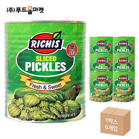 푸드올마켓_ 리치스 오이피클 한박스-캔 /슬라이스 (3kg x 6ea), 3kg, 6개