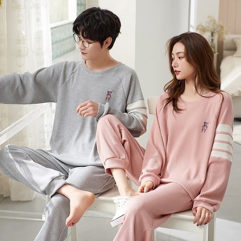 ANYOU 순면커플잠옷 춘추원피스 단색 홈웨어 잠옷